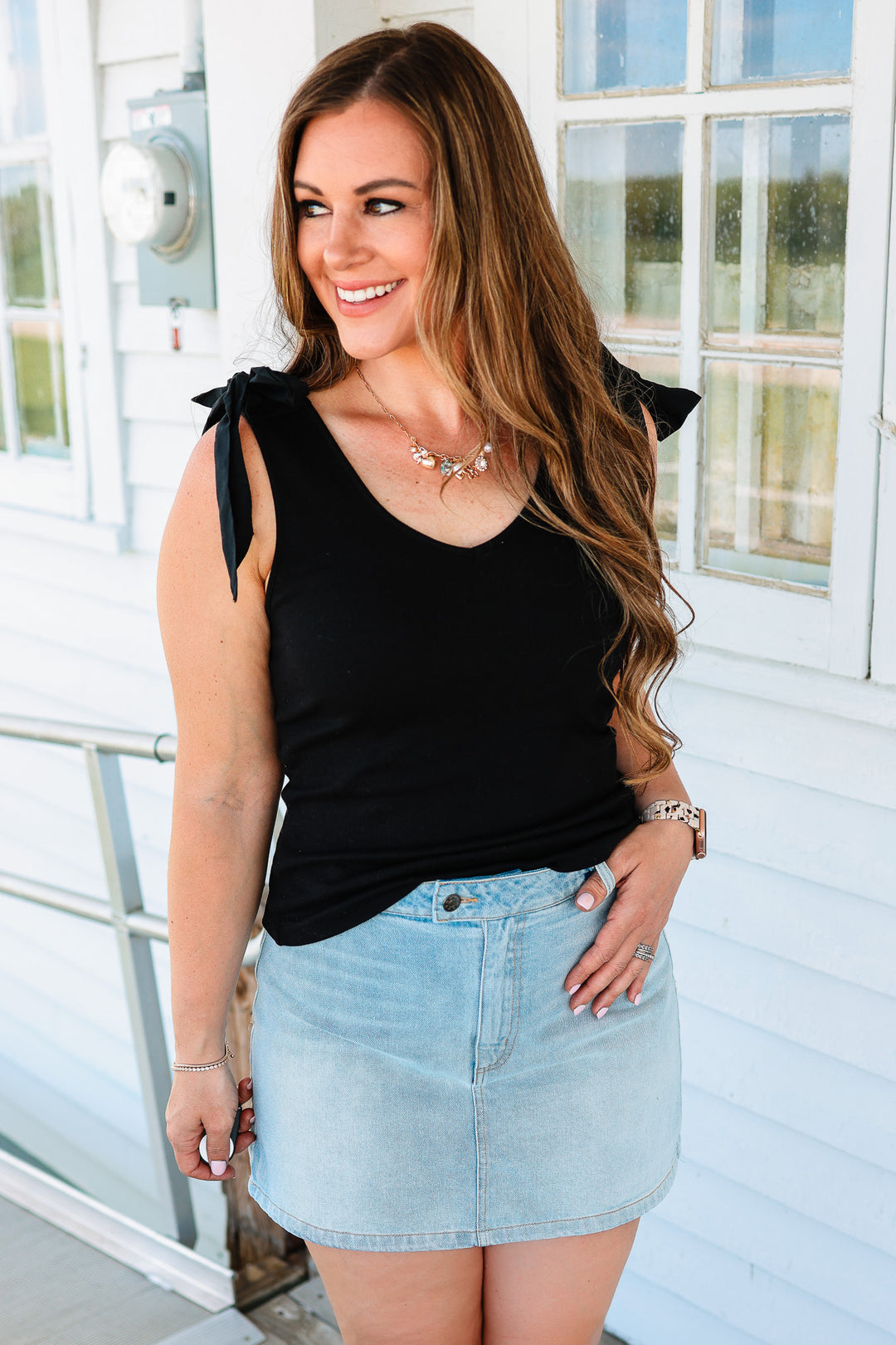 Phoebe Bow Tie Sleeve Tank - Black
