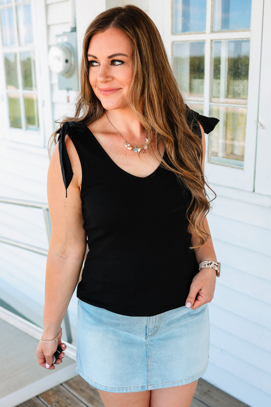 Phoebe Bow Tie Sleeve Tank - Black