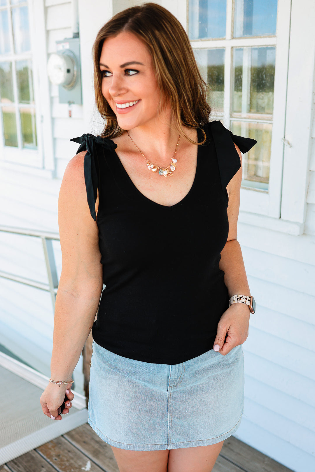 Phoebe Bow Tie Sleeve Tank - Black