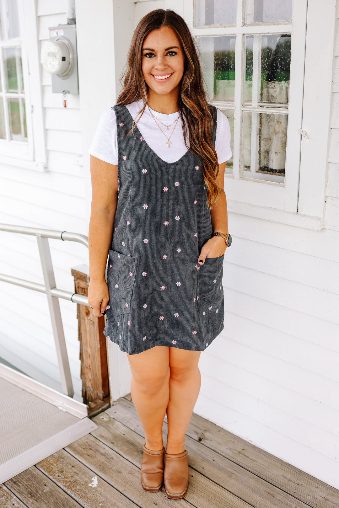 Mya Embroidered Corduroy Overall Dress - Teal