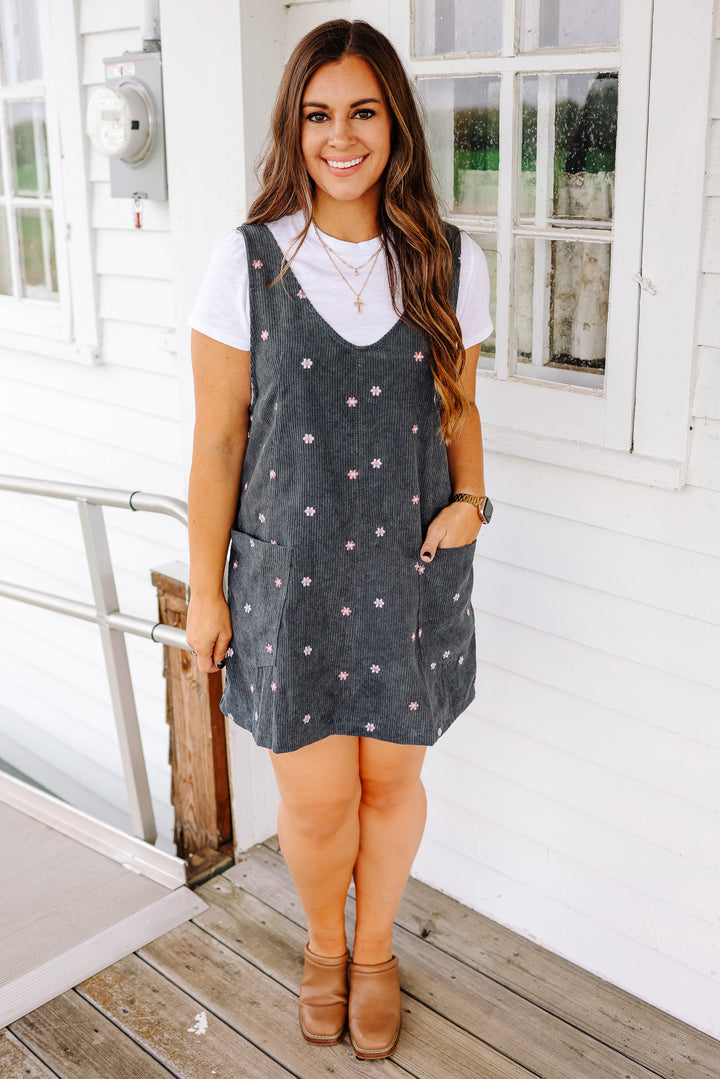 Mya Embroidered Corduroy Overall Dress - Teal