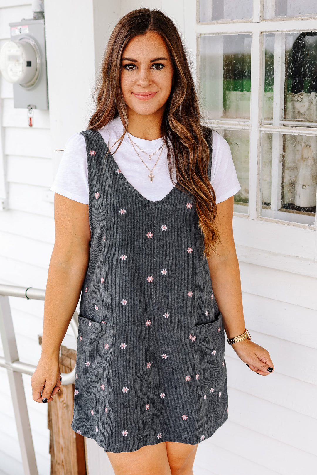 Mya Embroidered Corduroy Overall Dress - Teal