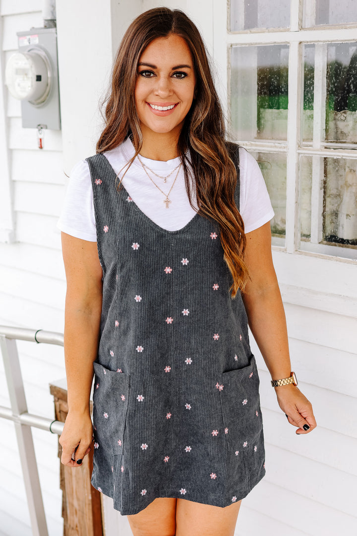 Mya Embroidered Corduroy Overall Dress - Teal