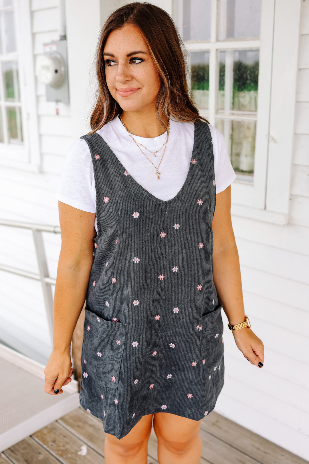 Mya Embroidered Corduroy Overall Dress - Teal