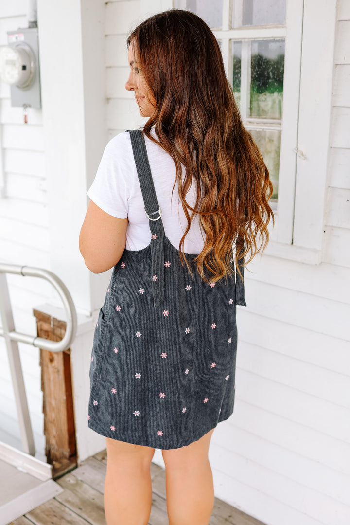 Mya Embroidered Corduroy Overall Dress - Teal