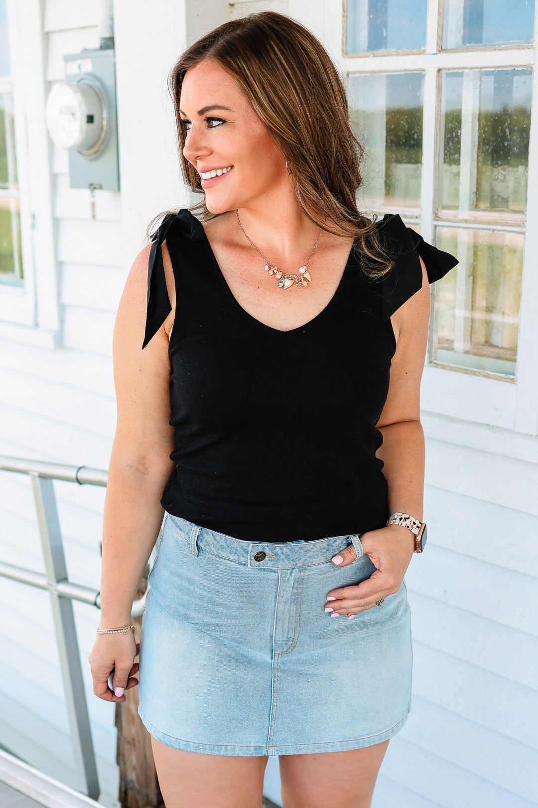 Phoebe Bow Tie Sleeve Tank - Black