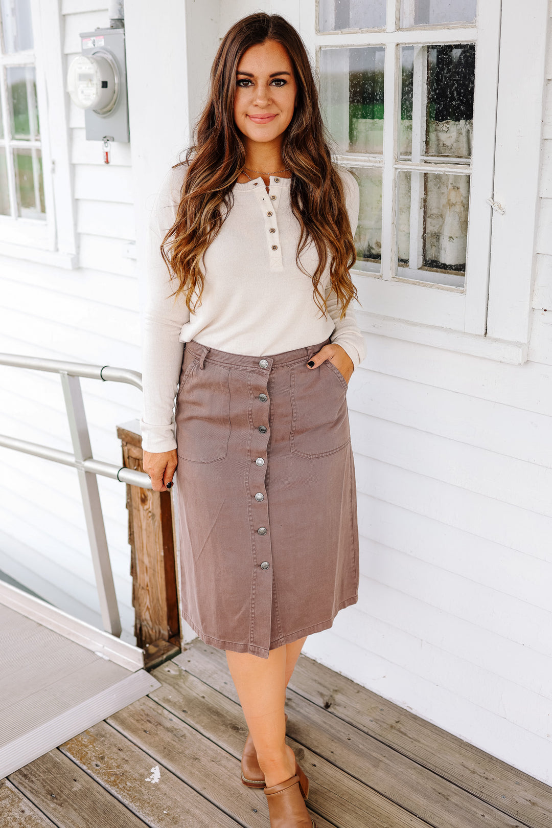 Binx Button Up Midi Skirt - Cocoa