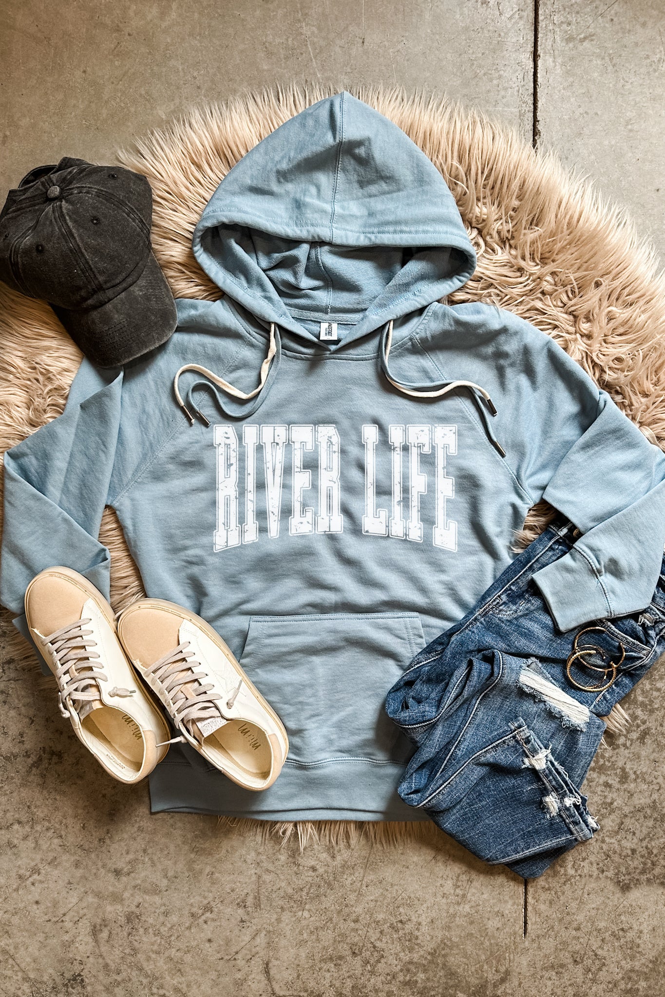 River Life Double String Hoodie - Misty Blue