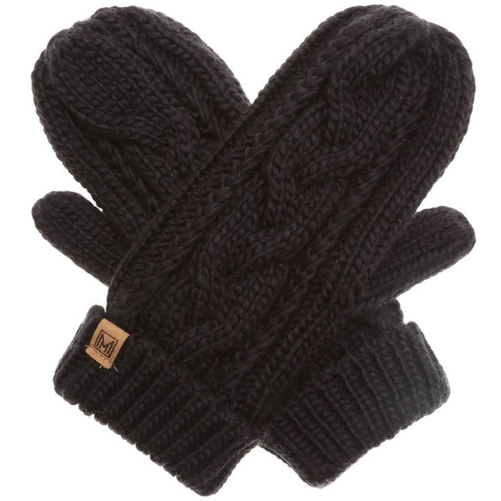 Fleece Lined Cable Knit Mittens - Black