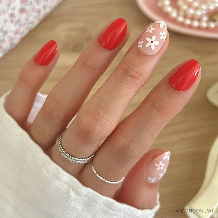 Red Blossom Press-On Nails | Short Oval | Red Floral Love