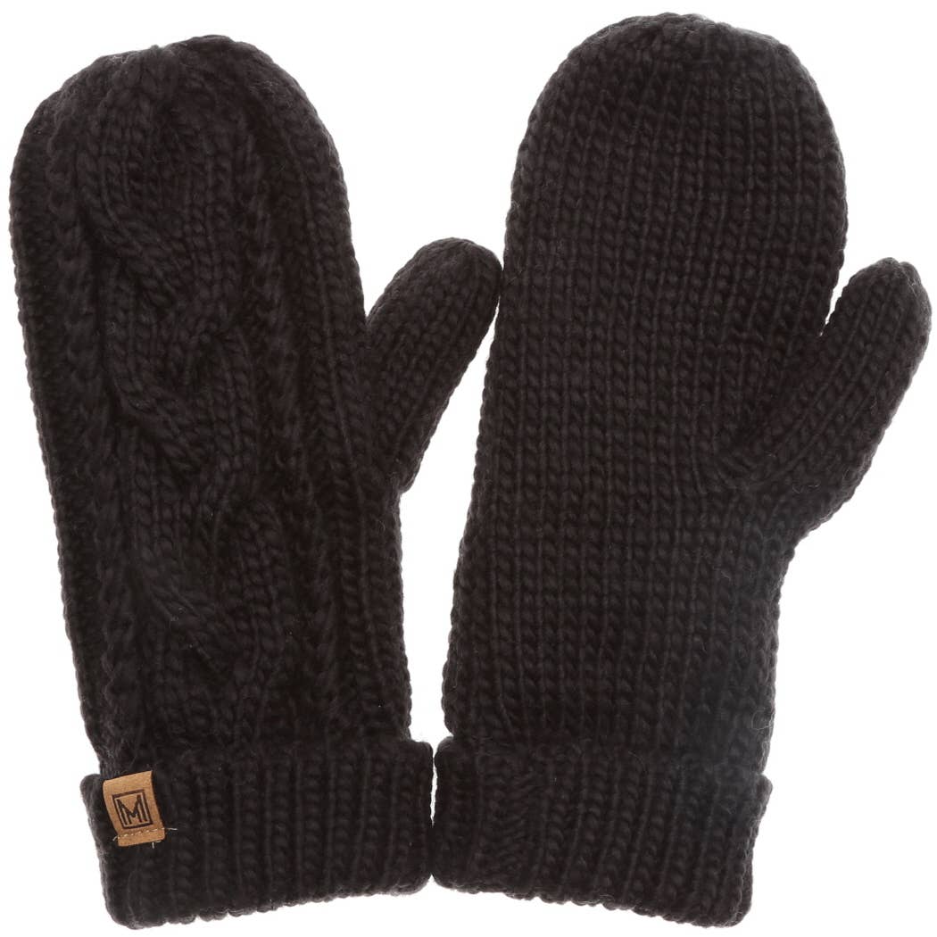 Fleece Lined Cable Knit Mittens - Black