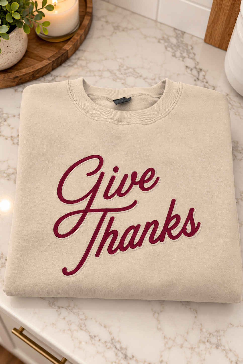 Give Thanks Embroidered Crewneck Sweatshirt - Light Sand