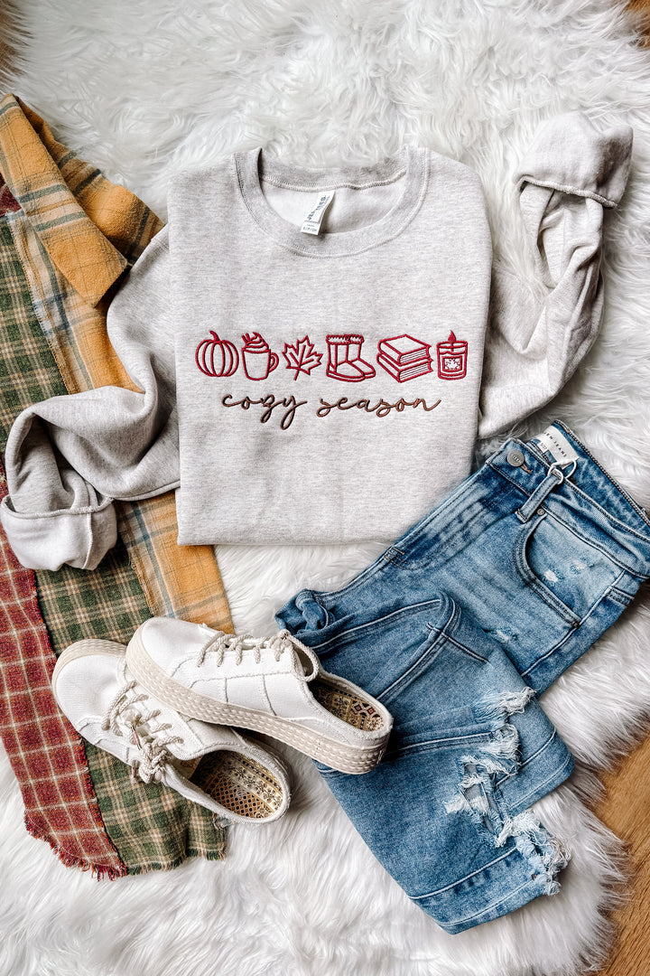 Cozy Season Fall Icons Embroidered Shirt - Oatmeal Heather