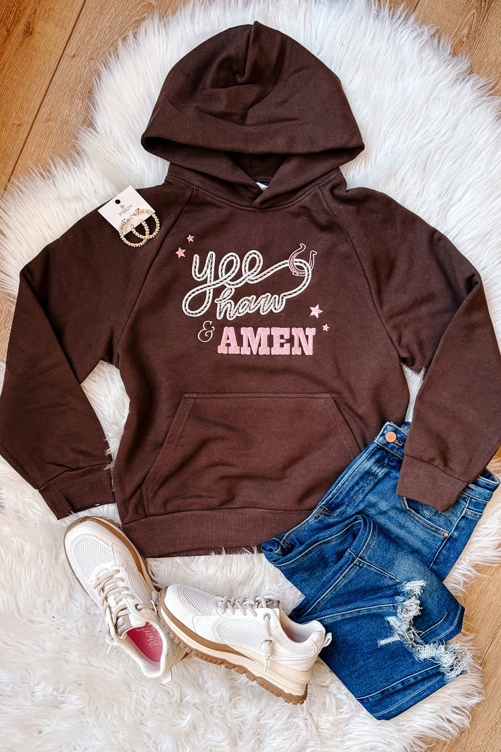 Yeehaw & Amen Embroidered Hoodie - Chocolate Brown