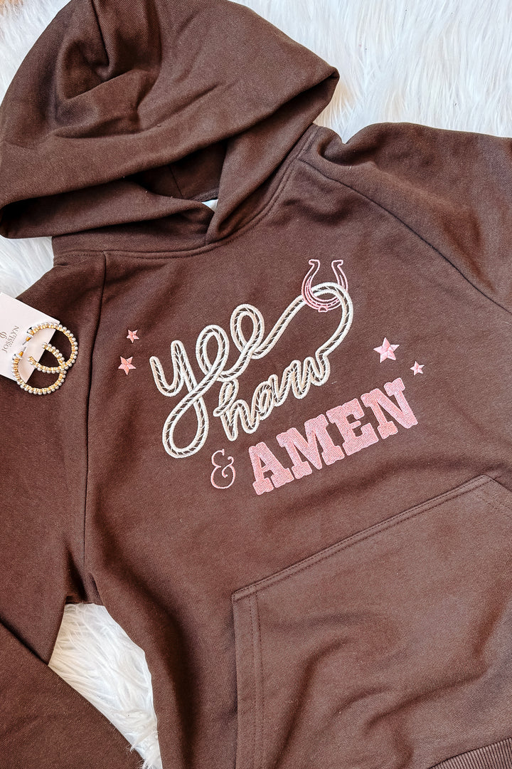 Yeehaw & Amen Embroidered Hoodie - Chocolate Brown