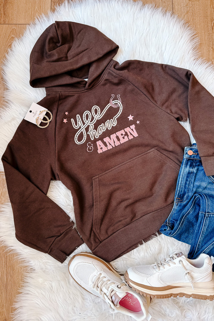 Yeehaw & Amen Embroidered Hoodie - Chocolate Brown