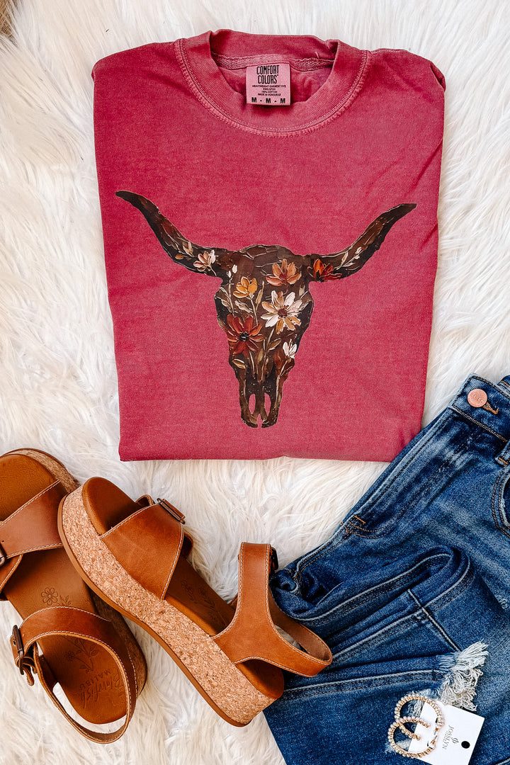 Floral Brushstroke Western Skull Graphic Tee - Brick