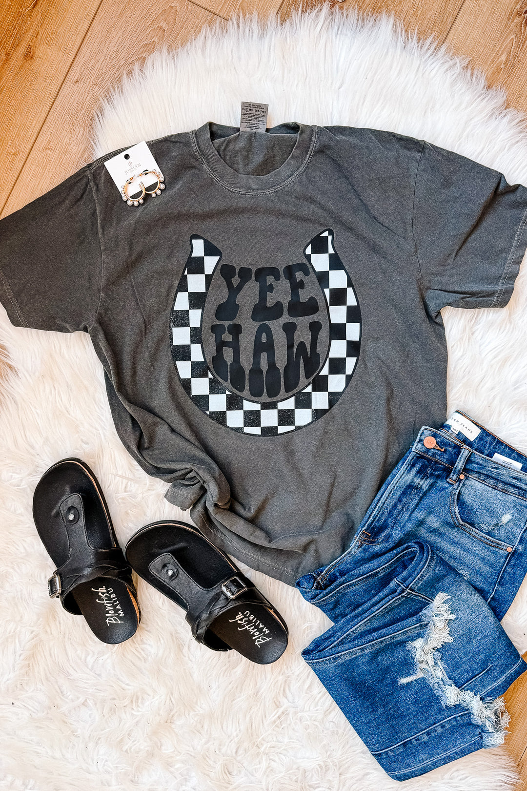 Yee Haw Checkered Horseshoe Graphic Tee - Pepper