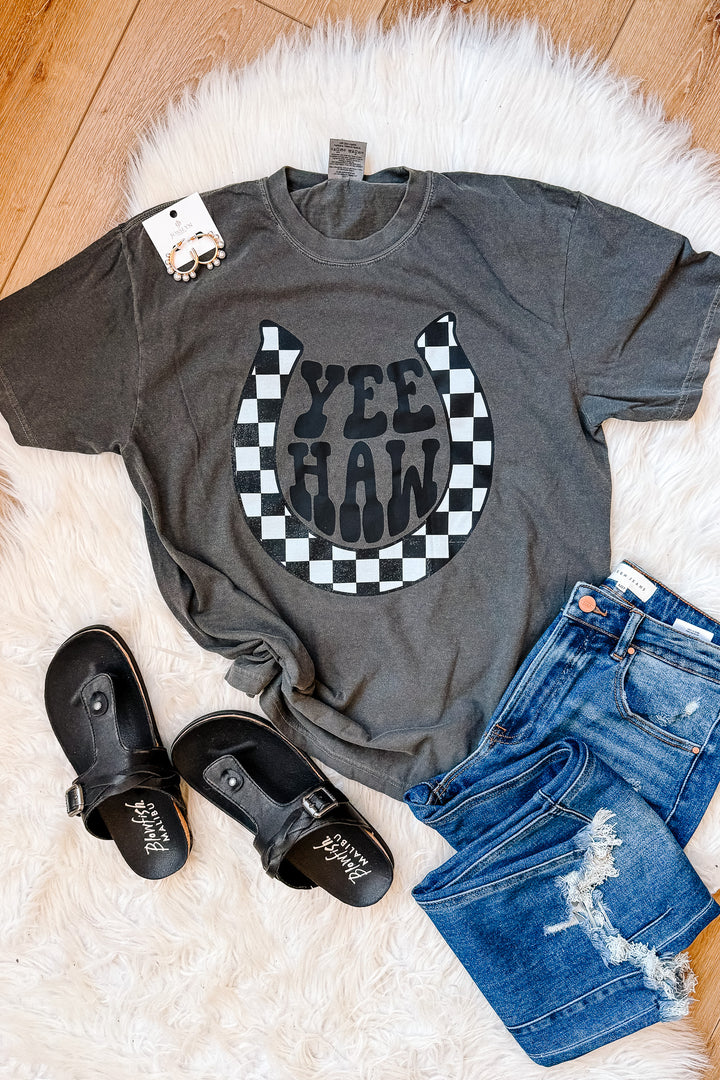 Yee Haw Checkered Horseshoe Graphic Tee - Pepper