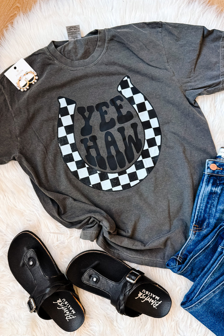 Yee Haw Checkered Horseshoe Graphic Tee - Pepper