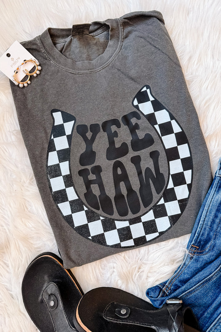 Yee Haw Checkered Horseshoe Graphic Tee - Pepper