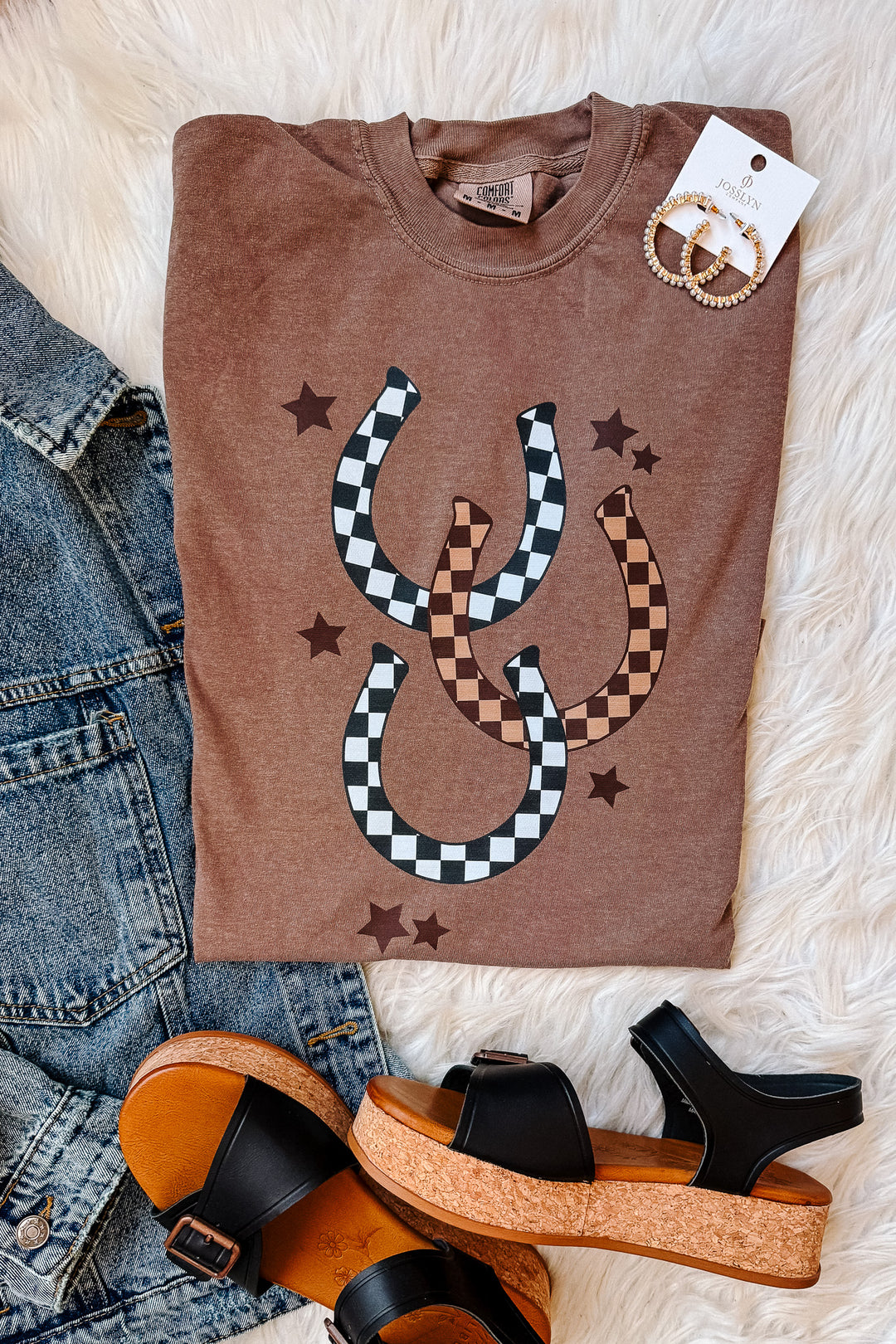 Checkered Horse Shoes Graphic Tee - Espresso