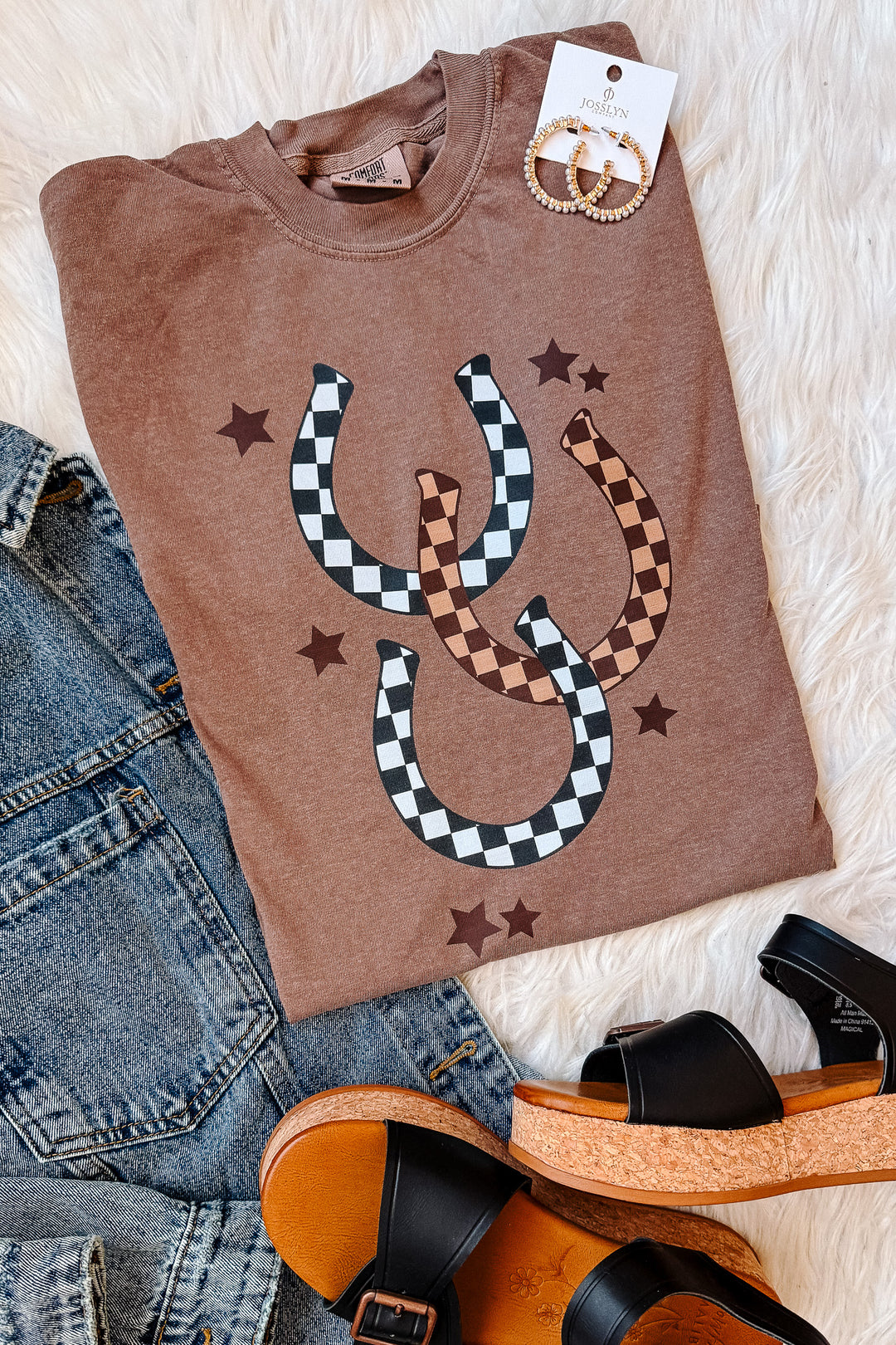 Checkered Horse Shoes Graphic Tee - Espresso