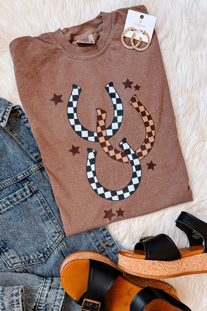Checkered Horse Shoes Graphic Tee - Espresso