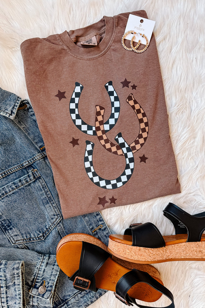 Checkered Horse Shoes Graphic Tee - Espresso