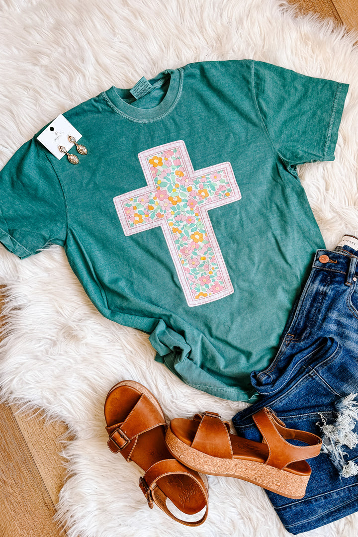 Floral Cross Graphic Tee - Emerald