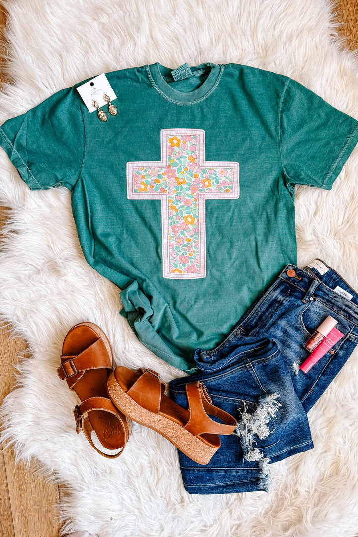 Floral Cross Graphic Tee - Emerald
