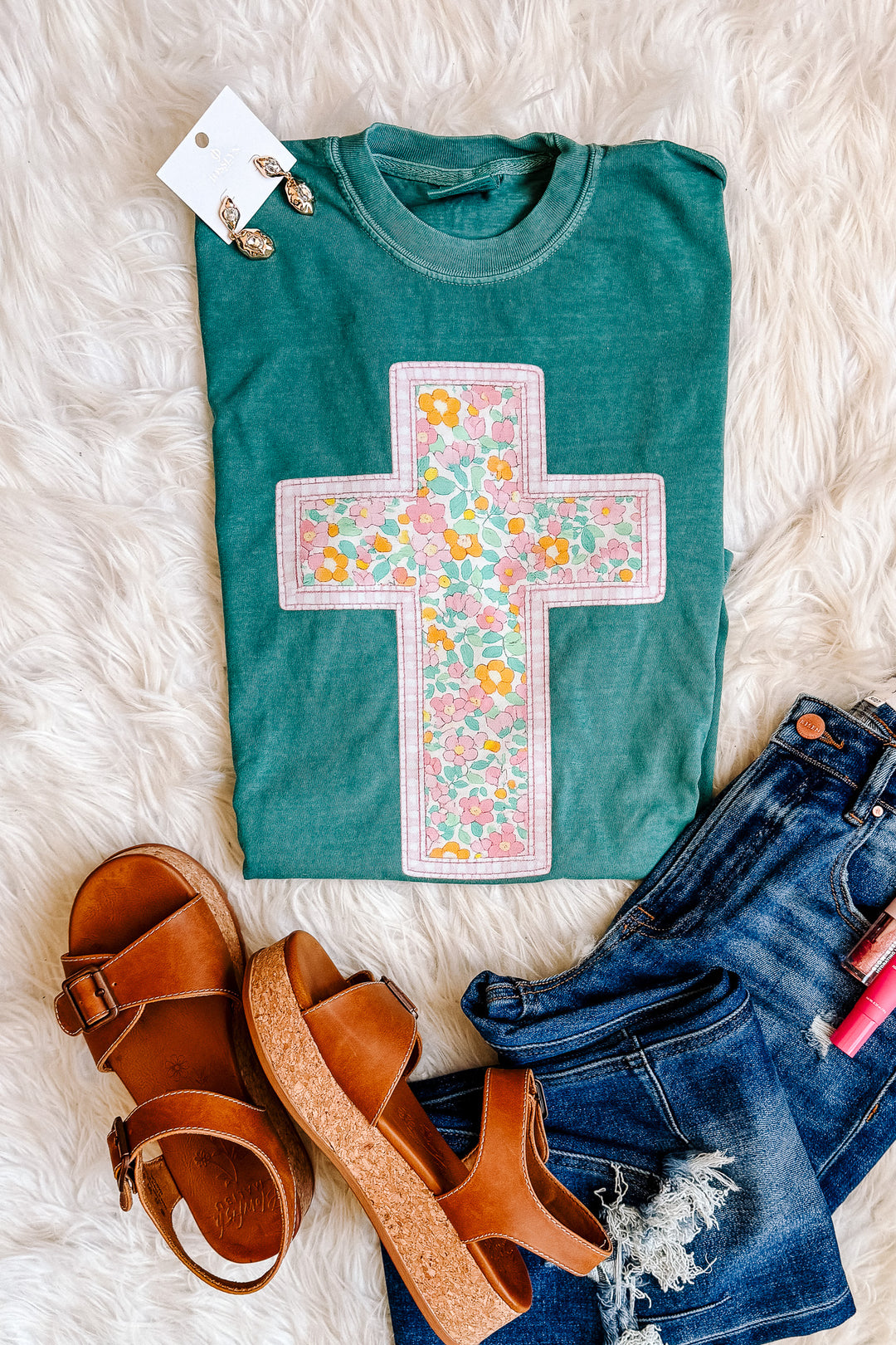 Floral Cross Graphic Tee - Emerald