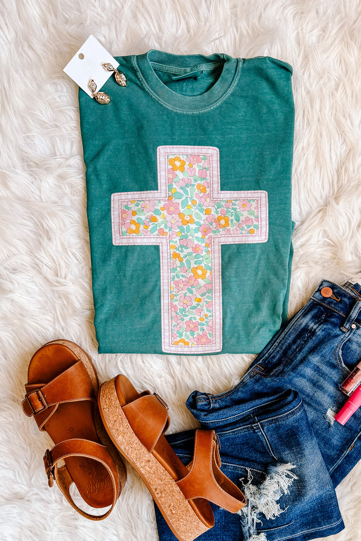 Floral Cross Graphic Tee - Emerald