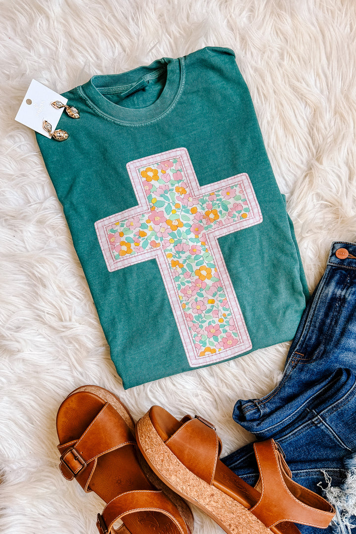 Floral Cross Graphic Tee - Emerald