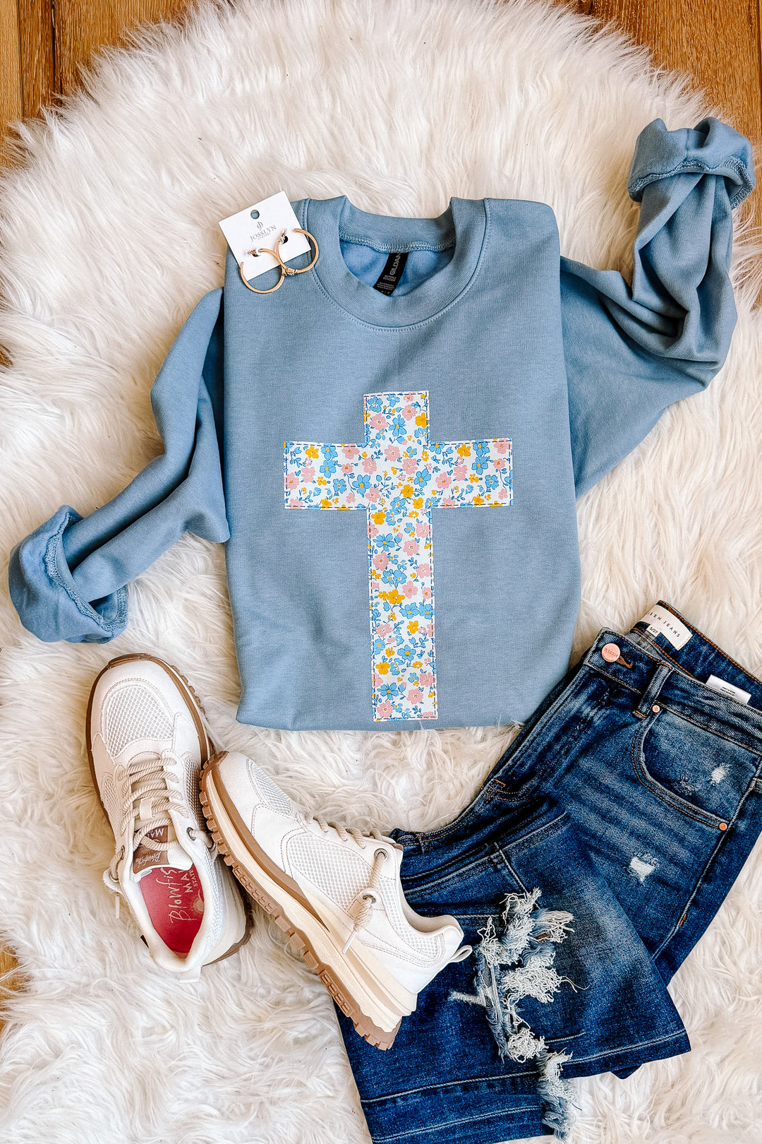 He Is Risen Floral Cross Sweatshirt - Stone Blue