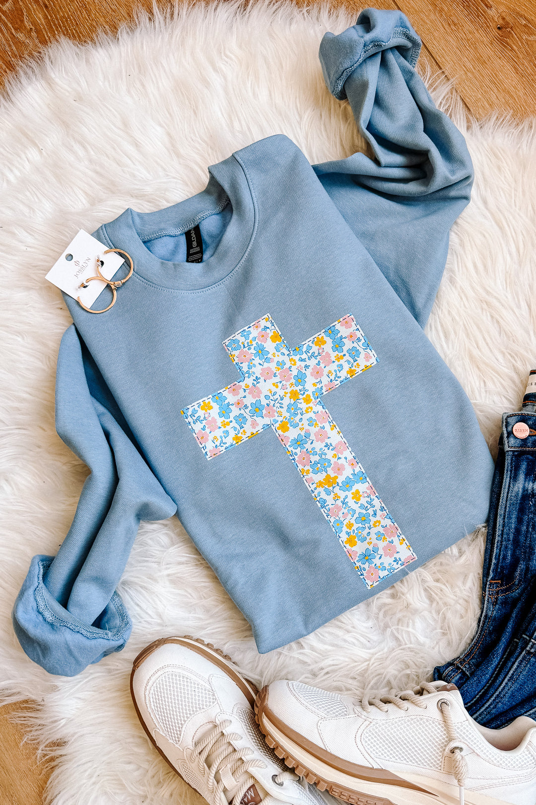 He Is Risen Floral Cross Sweatshirt - Stone Blue