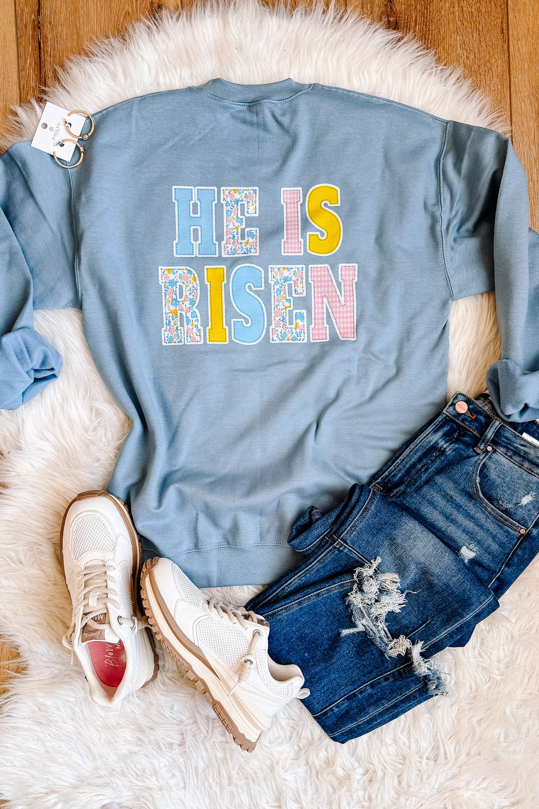 He Is Risen Floral Cross Sweatshirt - Stone Blue