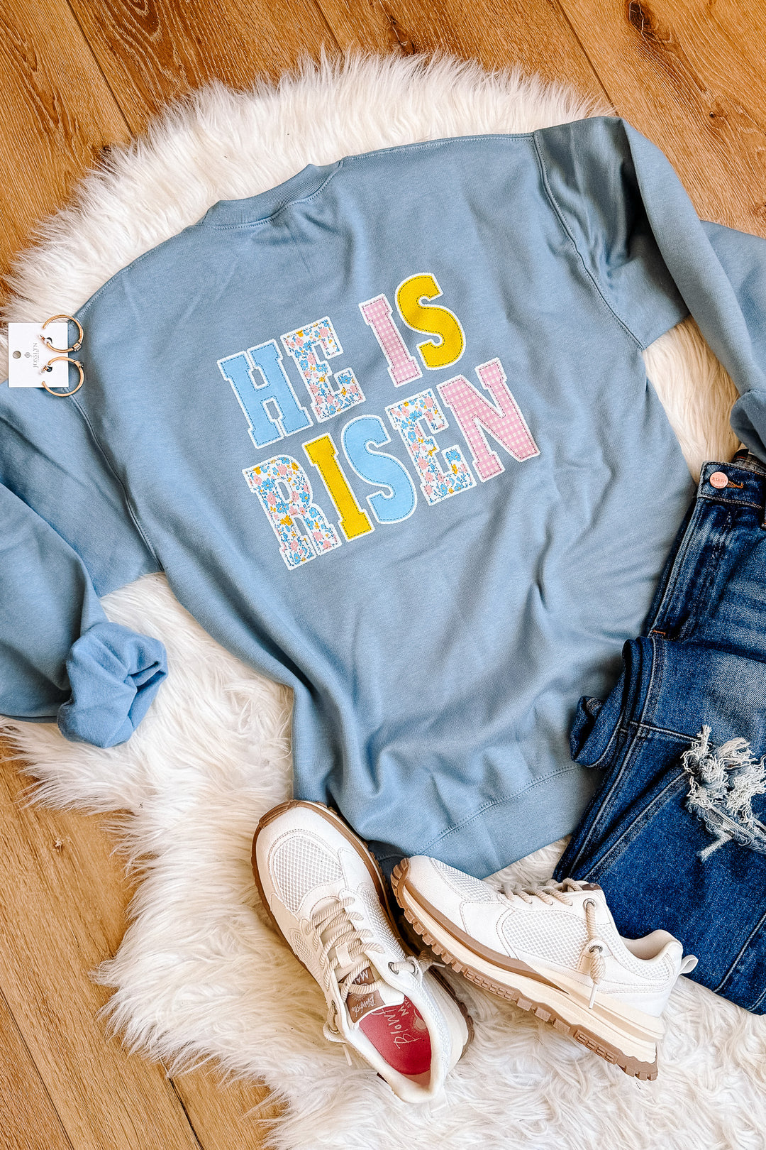 He Is Risen Floral Cross Sweatshirt - Stone Blue