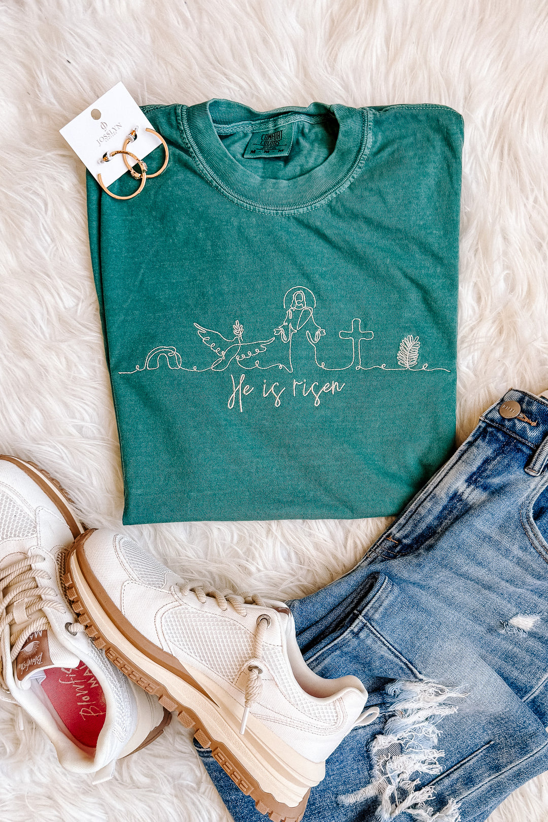 He Is Risen Embroidered Graphic Tee - Emerald