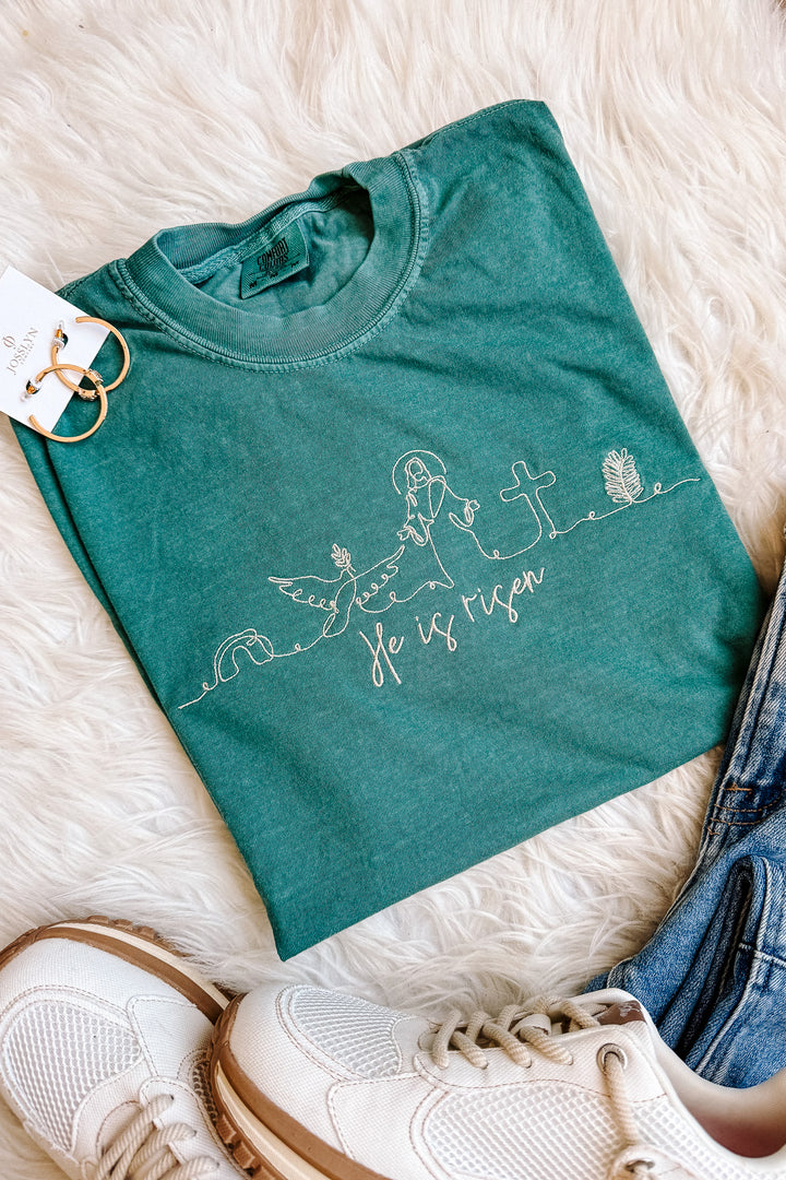 He Is Risen Embroidered Graphic Tee - Emerald
