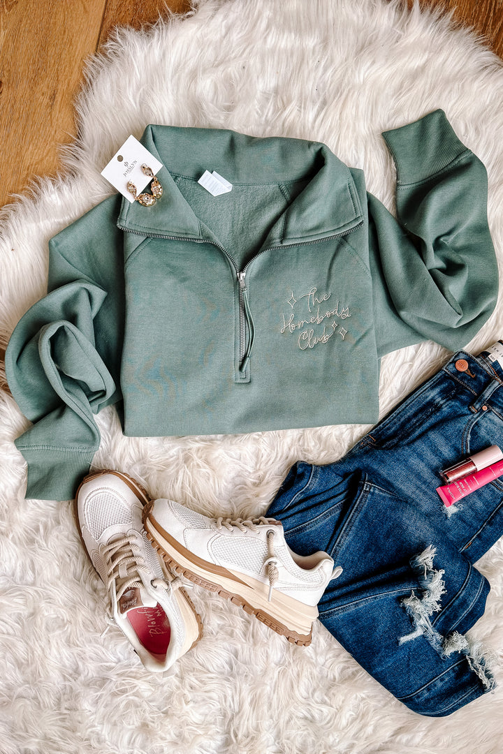 The Homebody Club Embroidered Half Zip - Sea Sage