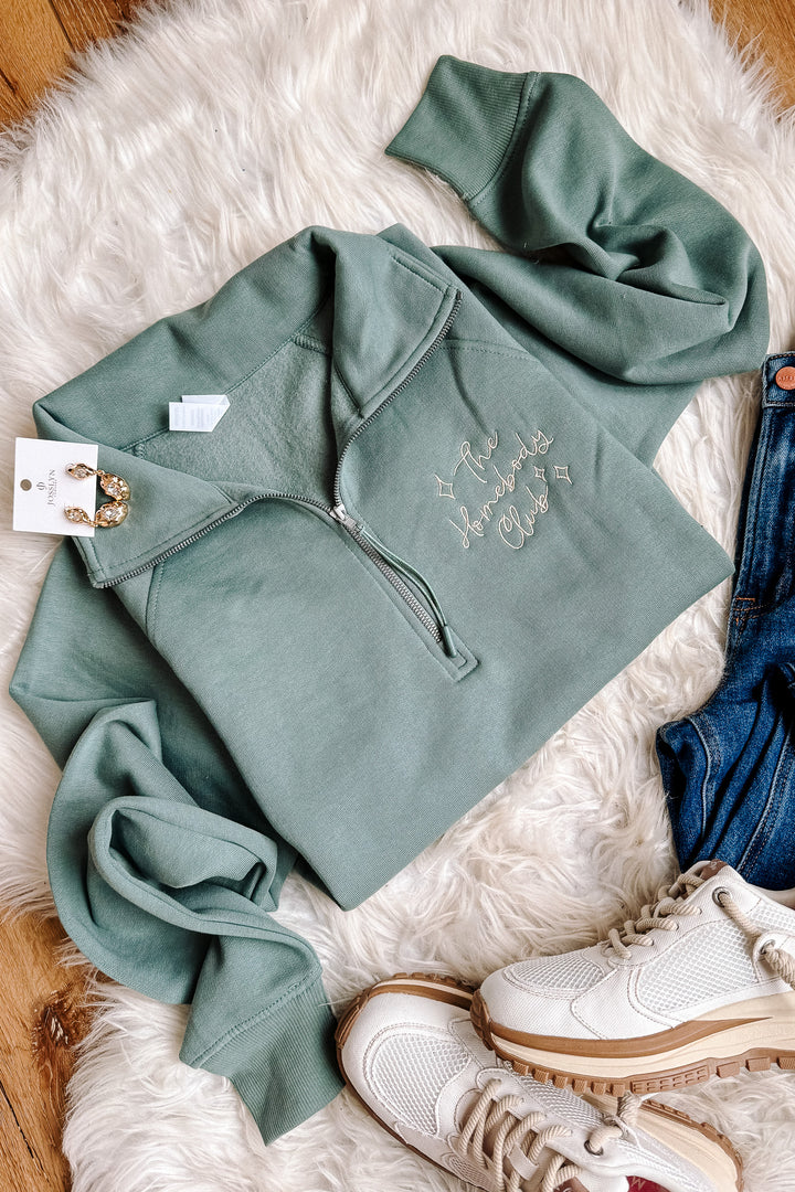 The Homebody Club Embroidered Half Zip - Sea Sage