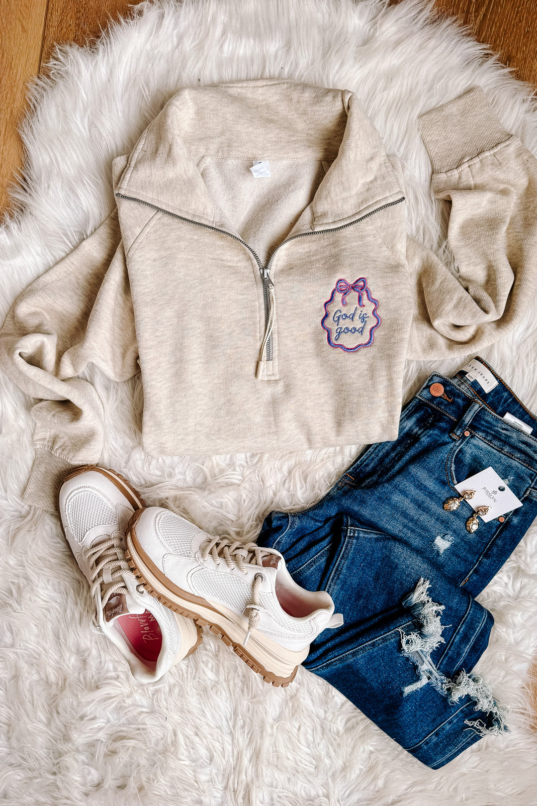 God is Good Frame Embroidered Half Zip - Oatmeal Heather