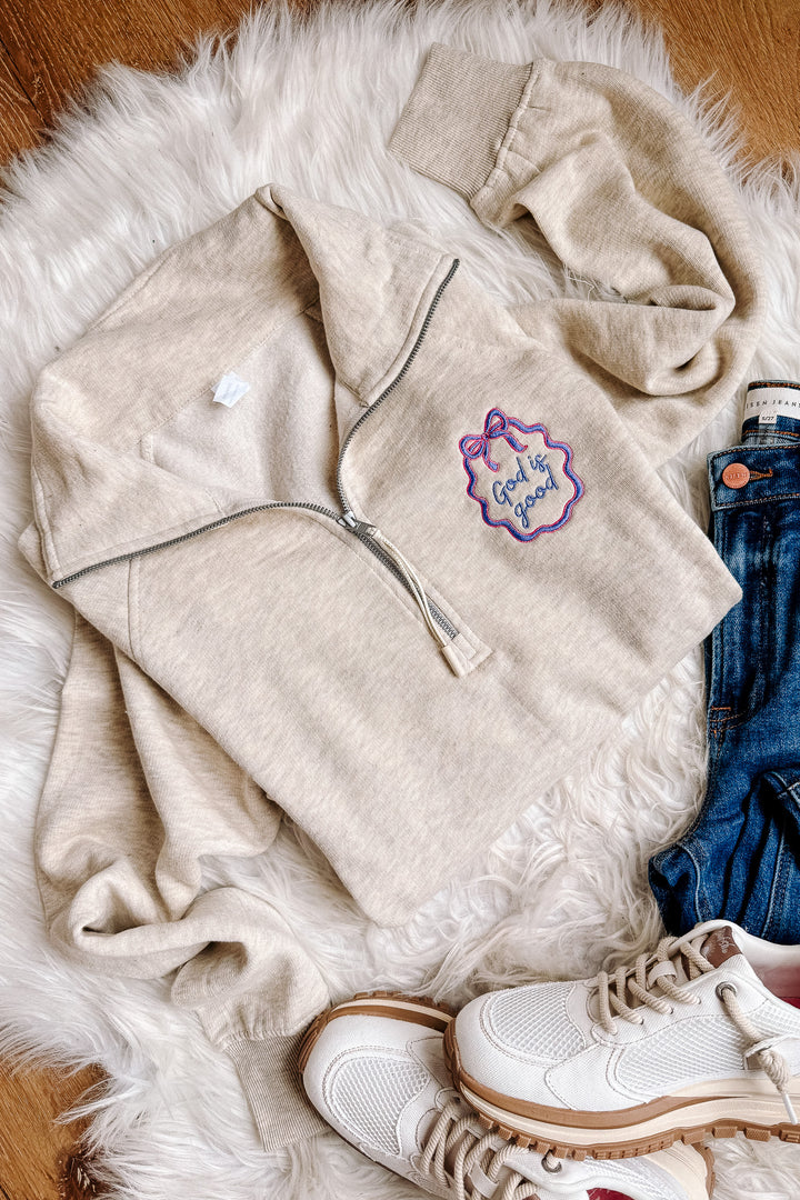 God is Good Frame Embroidered Half Zip - Oatmeal Heather