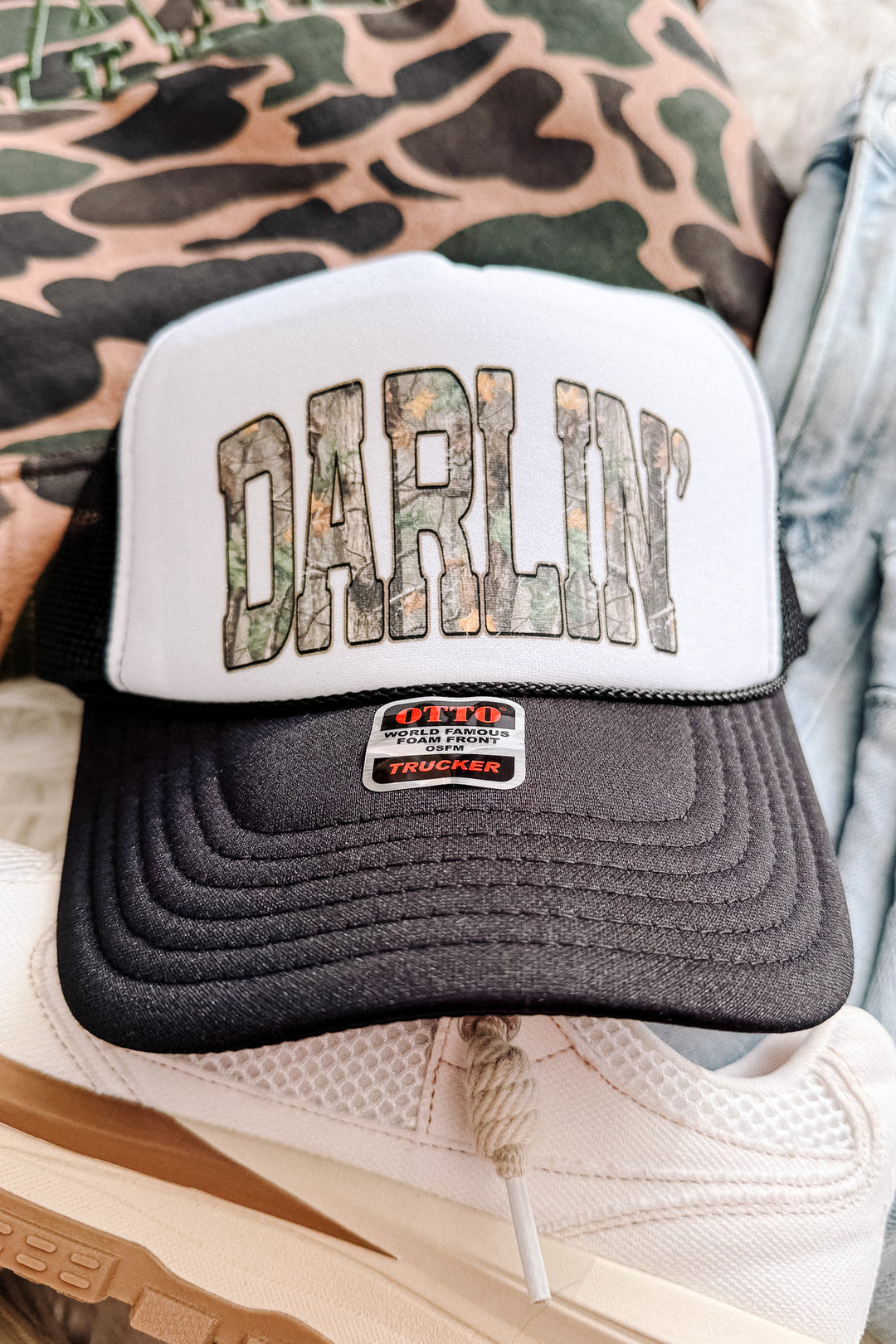 Camo Darlin' Trucker Hat - Black & White