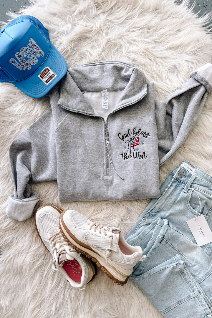 God Bless The USA Embroidered Half Zip - Athletic Heather