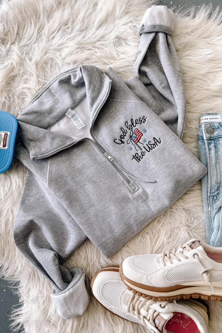 God Bless The USA Embroidered Half Zip - Athletic Heather