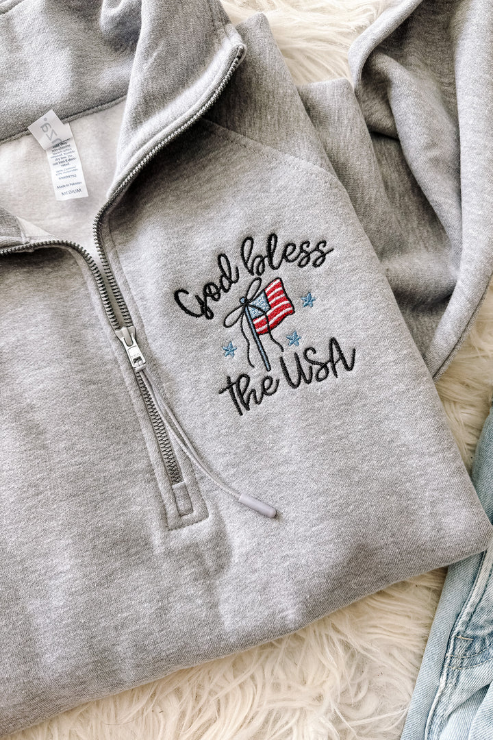 God Bless The USA Embroidered Half Zip - Athletic Heather