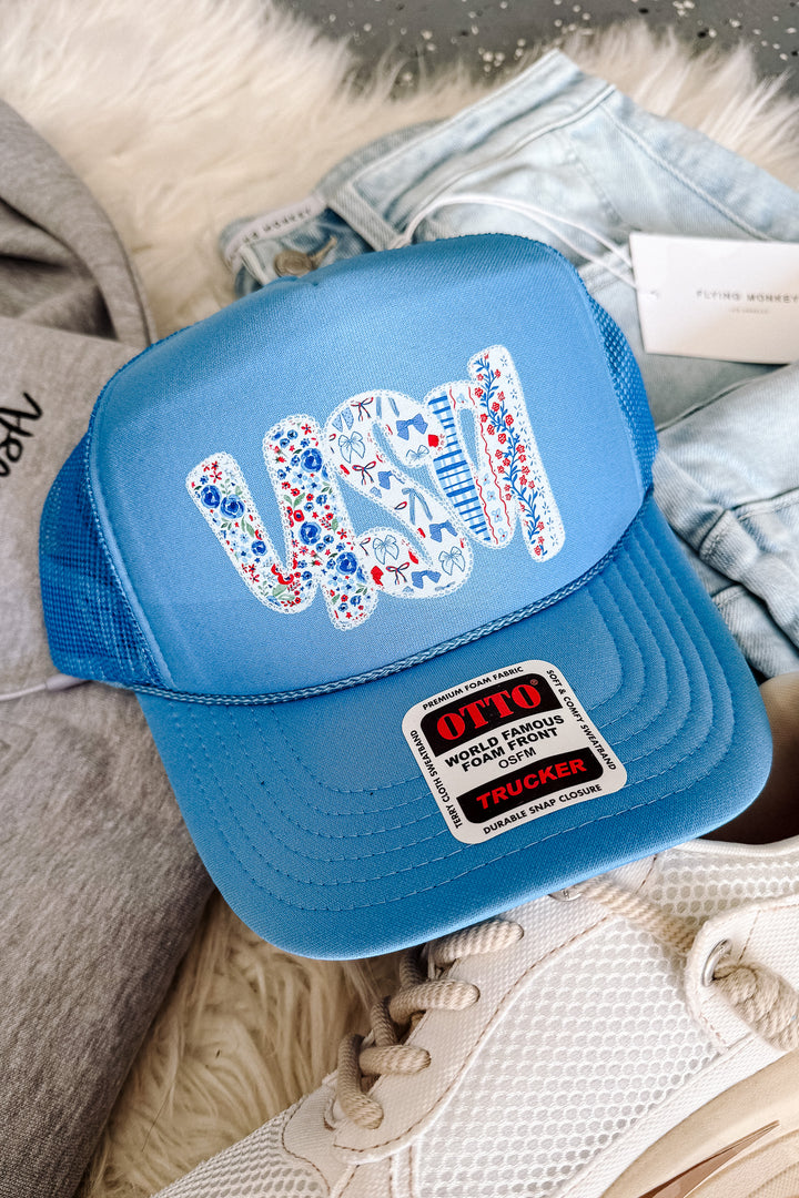 USA Floral Lace Trucker Hat - Soft Blue