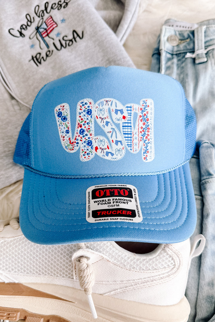 USA Floral Lace Trucker Hat - Soft Blue